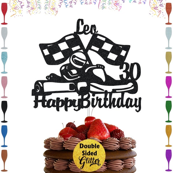Personalised Car Birthday Cake Topper, Glitter Custom Race Car Cake Topper For Racing Car Checkered Flag Themed Kids Boy Girl Party