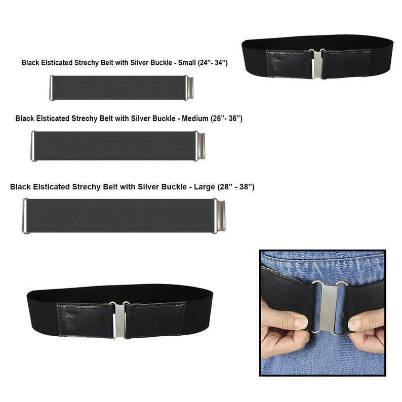 50mm Wide Women/'s Black Waist Belt Ladies Stretch Waistband Clipon Clasp Silver Buckle for Western Outfits Casual or Formal Dresses Gowns