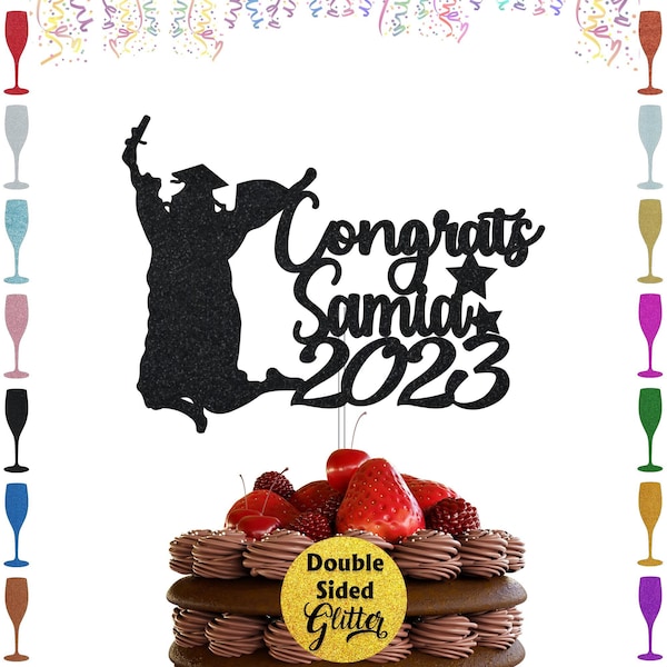 Graduation Cake Topper,  Personalised Graduation Double Sided Glitter Cake Topper With Any Name, Choose Your Name & Colour, Cake Decoration