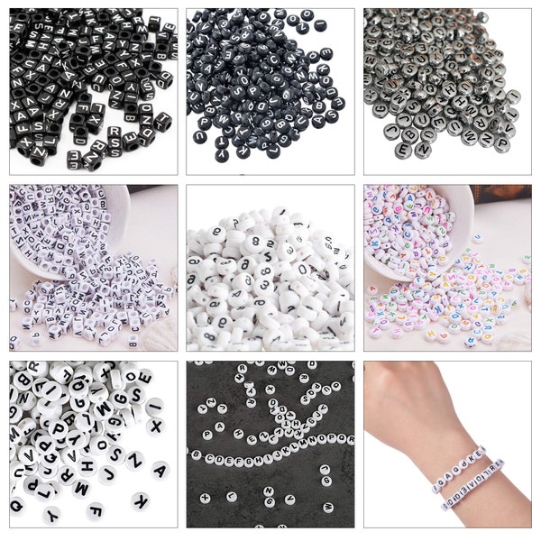 Perles rondes en acrylique avec alphabet noir de A à Z pour porte-clés, bracelets, bricolage, coffret