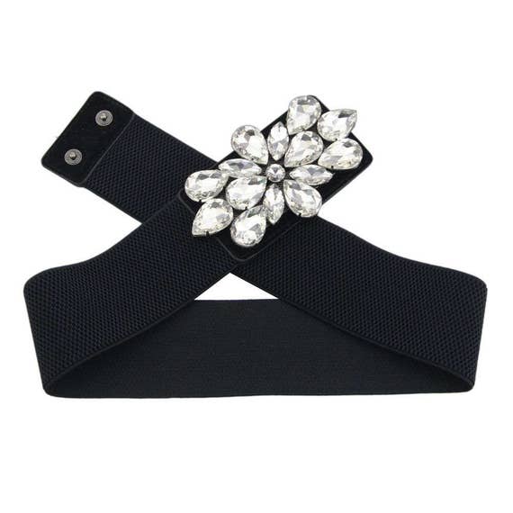 Schwarz Damen Gürtel Elastisch Dehnbar Strass Gold Schnalle Party 483