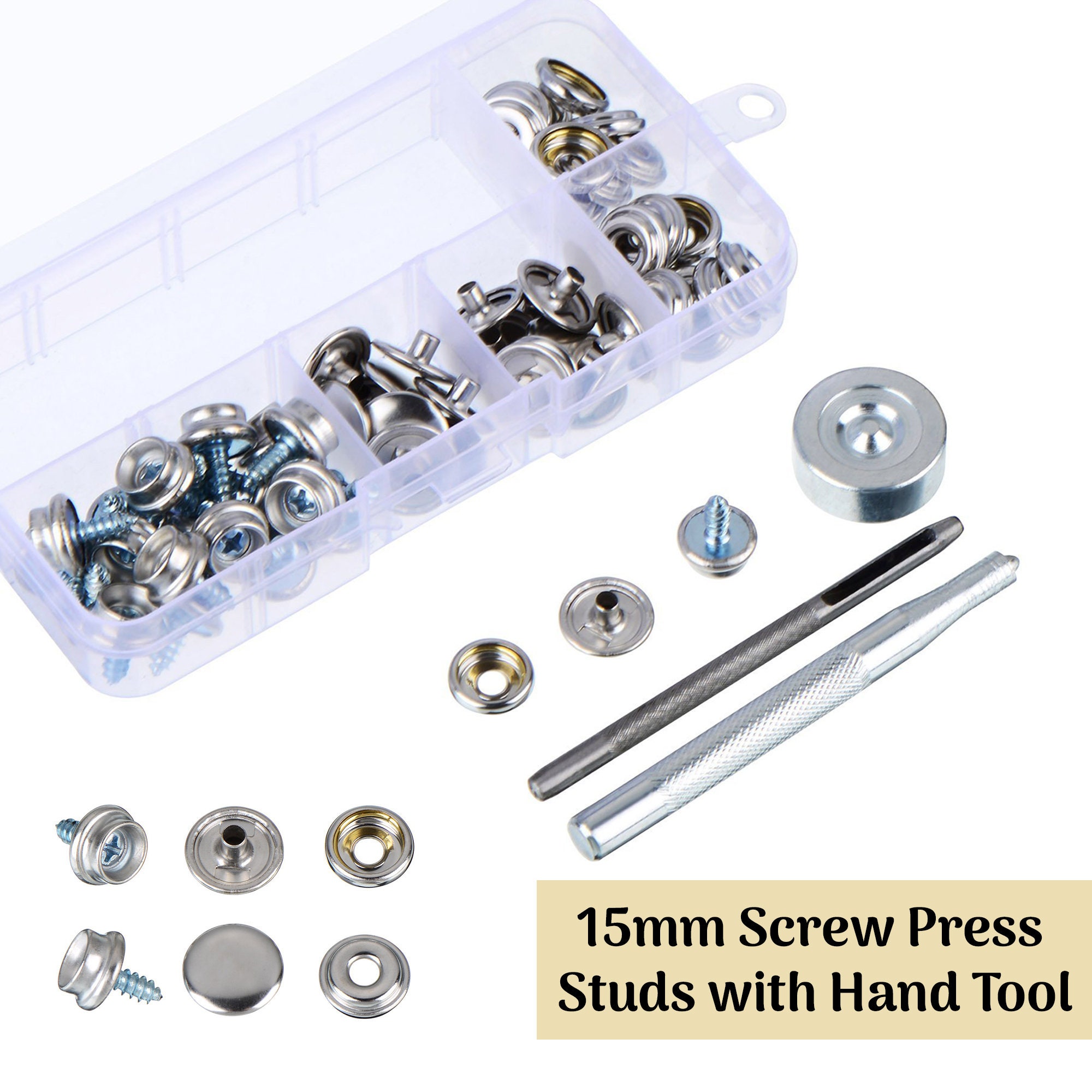 4 Part 15mm Snap Fasteners Kit With 3 Setting Tools, 10pcs Metal