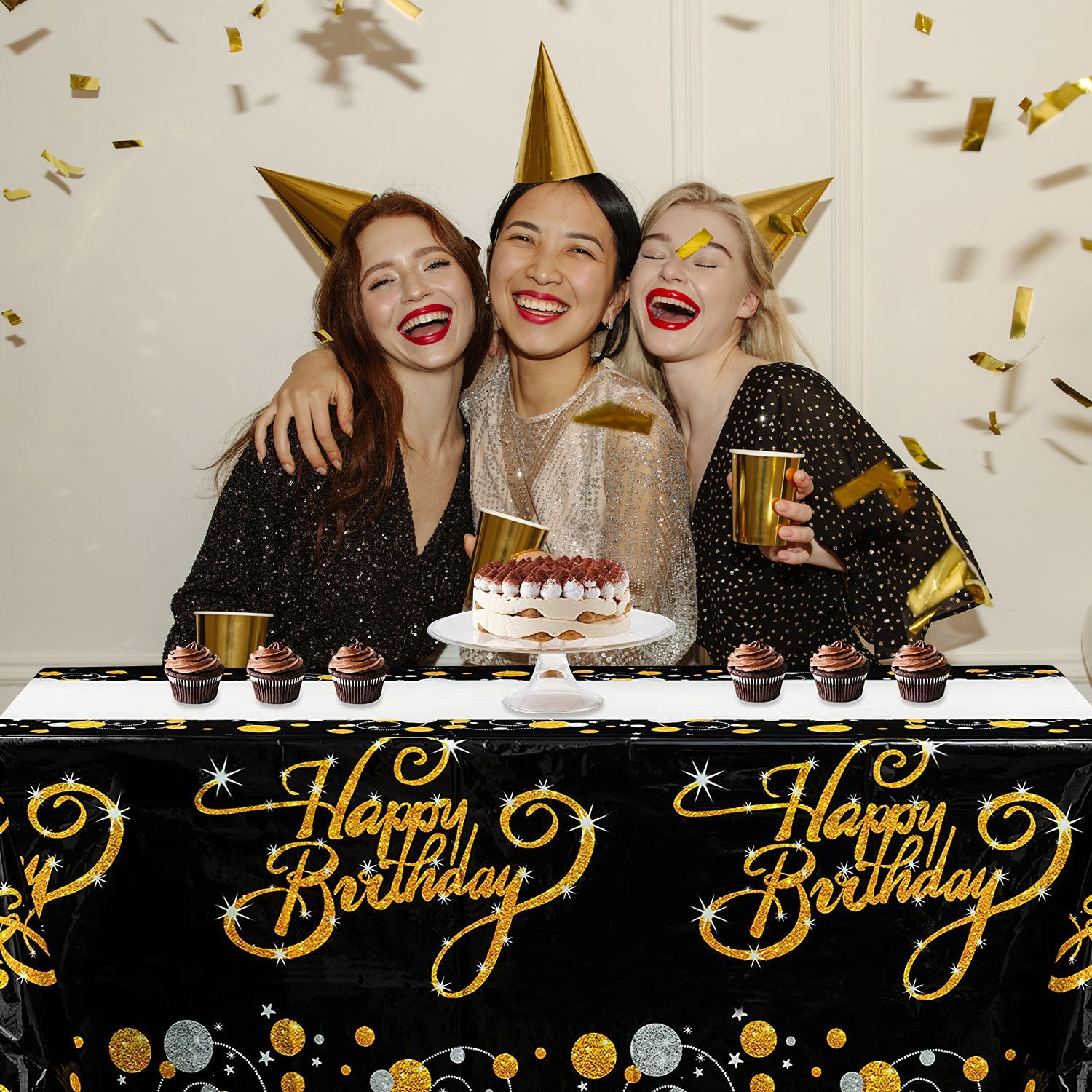 Mantel de feliz cumpleaños, mantel de plástico, color negro y dorado,  impermeable, rectangular, para fiestas en interiores o exteriores,  cumpleaños -  México