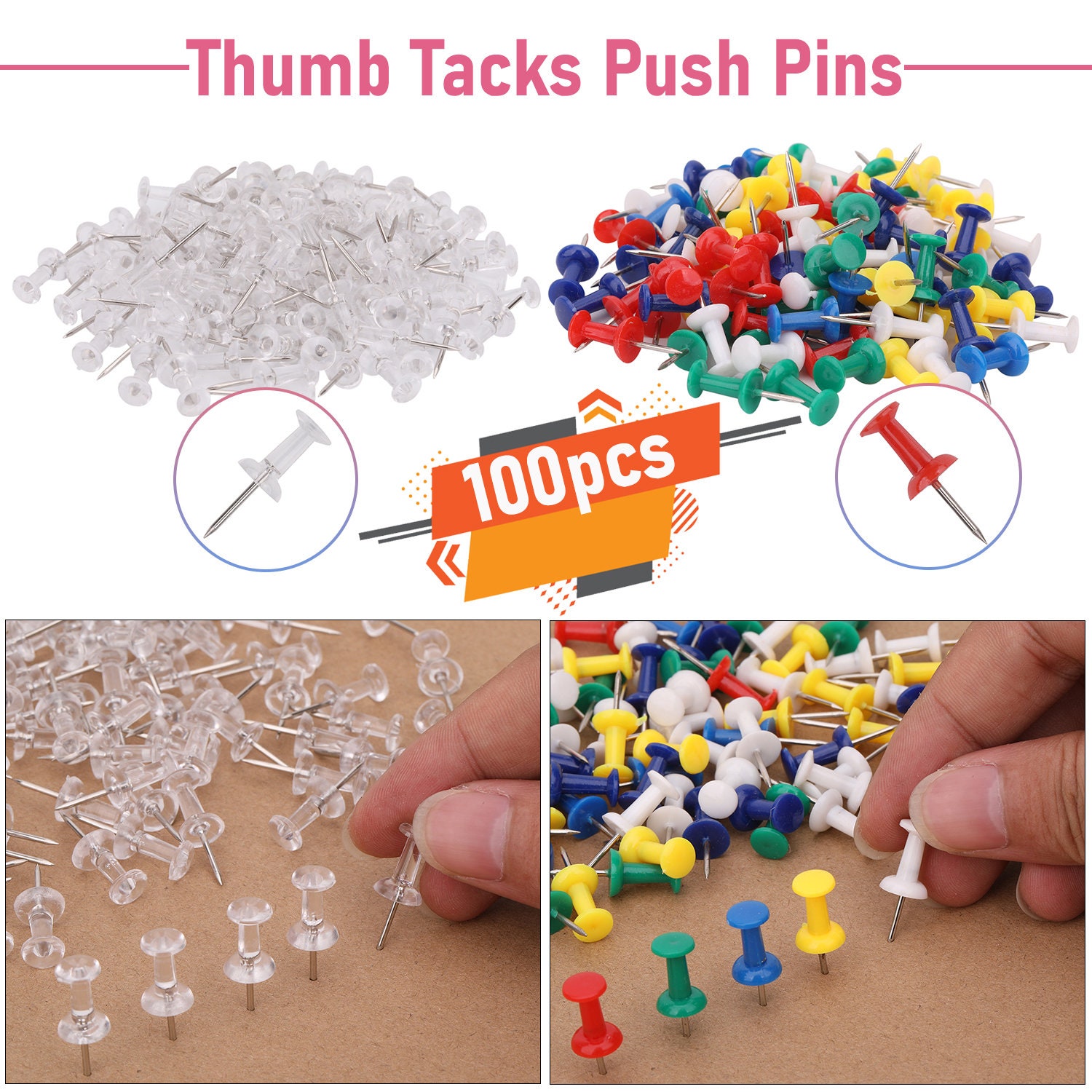 100PCS Spherical Clear Push Pins, Plastic Thumb Tacks for Wall
