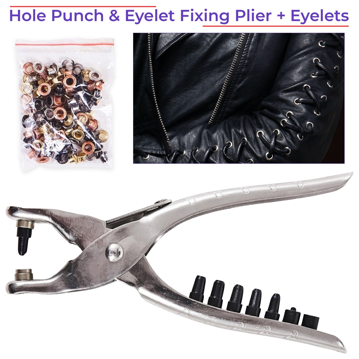 Interchangeable Hole Punch & Eyelet Plier Eyelets Puncher Leather Hole  Punch With 6 Tips Size for Crafts, Craft Projects, Belt, Shoes 