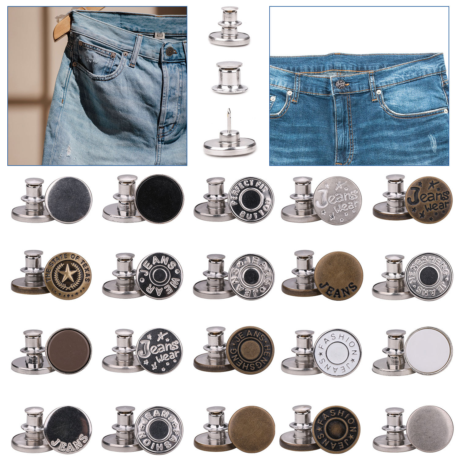 17mm No-Sew Jean Button Replacements, Plain Silver - Trimming Shop