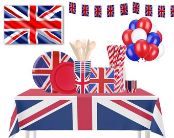 Union Jack Party Tableware Set Tablecloth/Napkins/Cups/Paper Plates For Royal British Monarch's Birthday On 17th June 2023