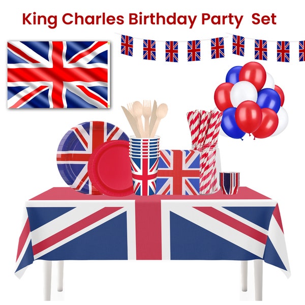 Union Jack Party Tableware Set Tablecloth/Napkins/Cups/Paper Plates For Royal British Monarch's Birthday On 17th June 2023