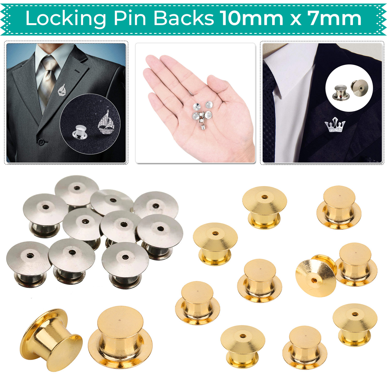 25 Locking Ball Top Tie Tac Pin Backs Clutch Clasp Fastener Gold or Chrome  HRC 