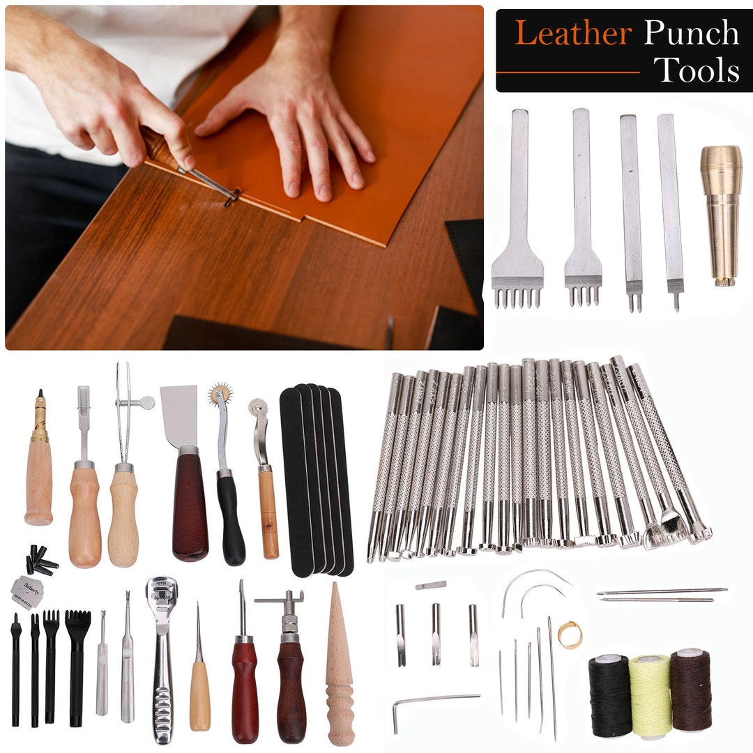 Complete Leather Craft Tool Kit - Beginner Leatherworking Set Including  Sewing Repair Supplies - DIY Leather Sewing Tools - Leatherworking Starter