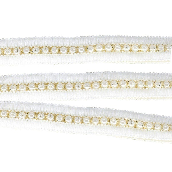 12 mm brede ivoren parel kralen glanzend kanten lint gouden franje voor versiering trouwjurken, designerjurken,doe-het-zelf knutselprojecten