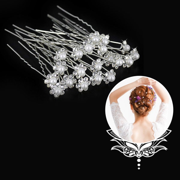 10pcs Silver Diamante Rhinestone Flower White Bridal Pearl Crystal Hair Pins Clips Grips for Wedding Fashion Bride Bridesmaids Accessories