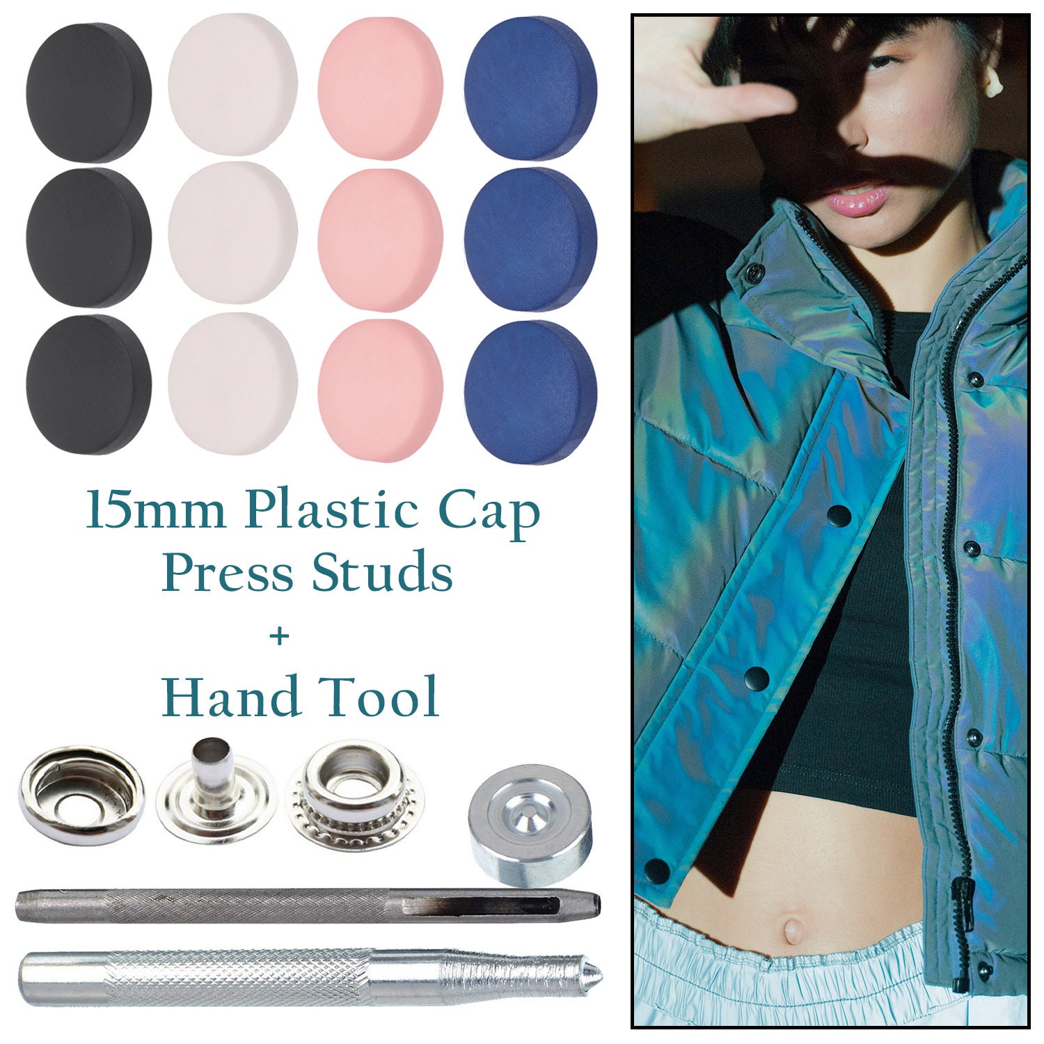 50 Sets Press Studs Cap Button, Stainless Steel Snap Fasteners Kit with  Hand Fixing Tools, Instant Metal Buttons No-Sew Clips Snap for Bags, Jeans,  Clothes, Fabric, Leather Craft(Silver+Bronze) 