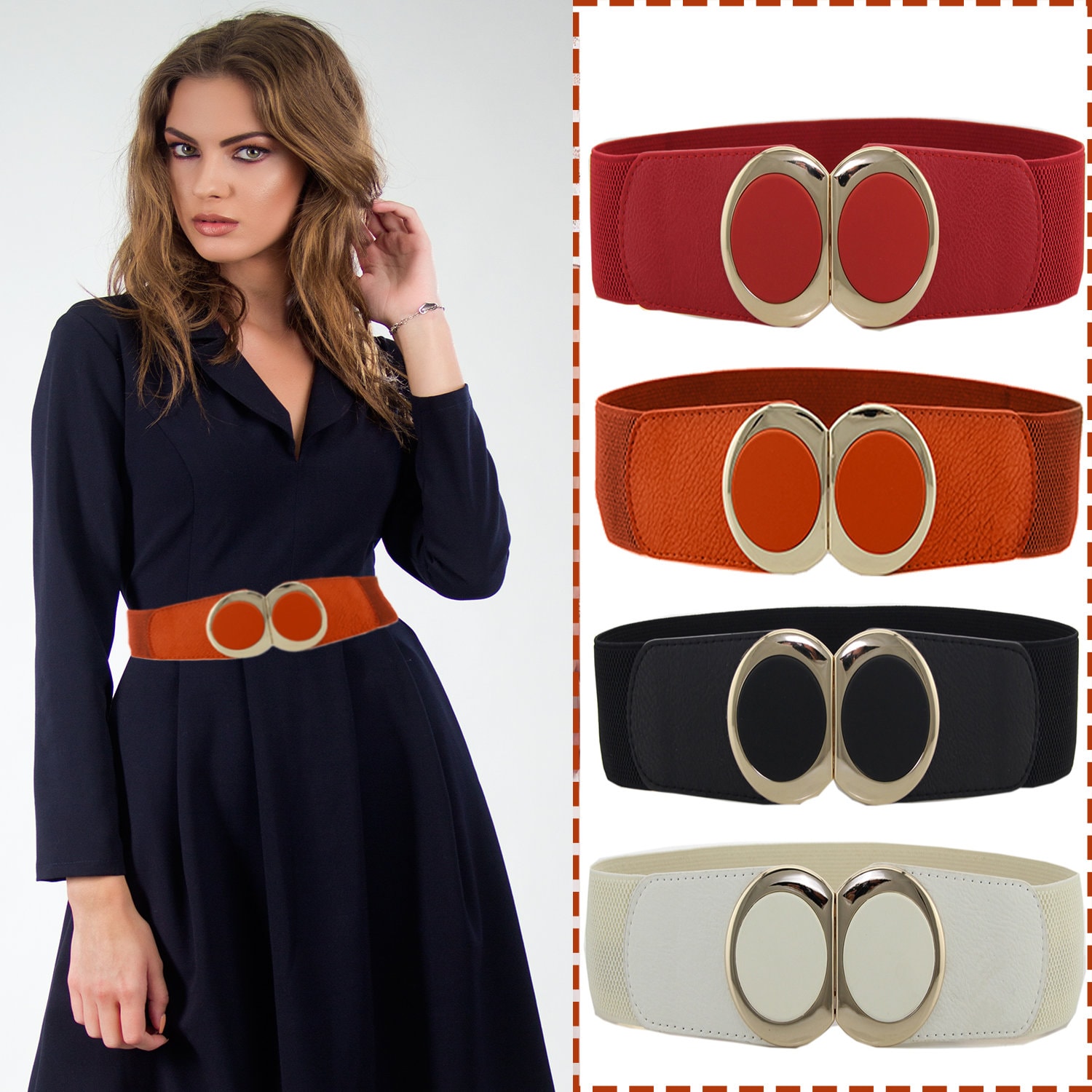 YUEHAO accessories Fashion Lady Wide Belts Women Wide Elastic Belt Buckle Waist  Dress Stretch Belt Brown 