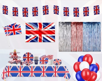 Union Jack Party Decoration Set, Tablecloth, Plates, Cups, Napkins, Cupcake, Straws for Union Jacek Theme Party Events, Pub, BBQ, Home Decor