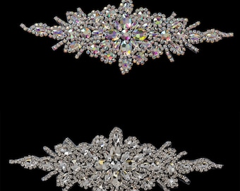 Claro Diamante Diamante Diamante Rhinestone Motivo Broche en Plata y Ab Plata Costura de Costura Nupcial Ropa Decoración parche