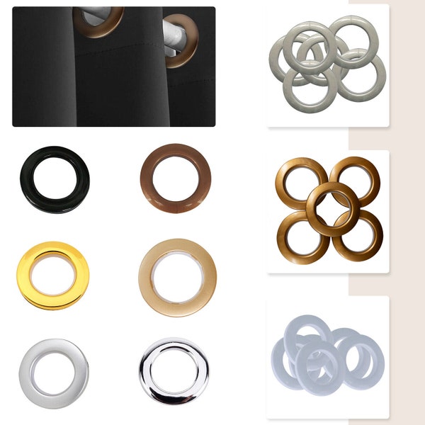 Œillets de rideau en plastique 10 x 42 mm et œillets à clips pour anneaux - Argenté ou doré
