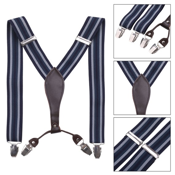 35mm Mens Braces Navy Stripe Classic Clip on Suspenders Elastic Trousers Jeans 35mm Mens Braces Navy Stripe Classic Clip on Suspenders Elastic Trousers Jeans