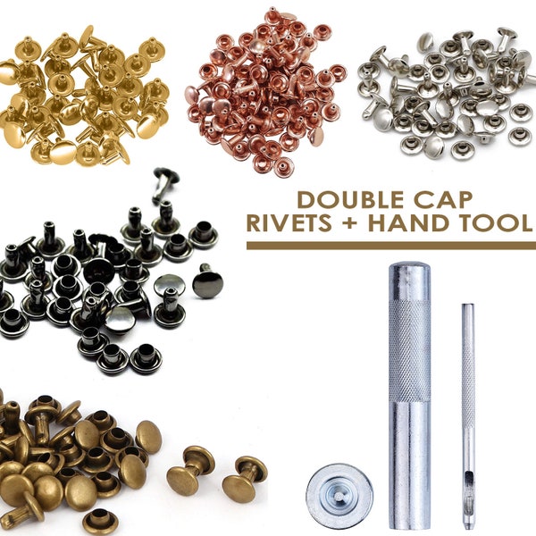 Double Cap Rivets, Brass Two Pieces + 3 Set Setting Tool Kit Rapid Stud Rivets Leather Art & Craft Fabric Clothing Repair, 100pcs