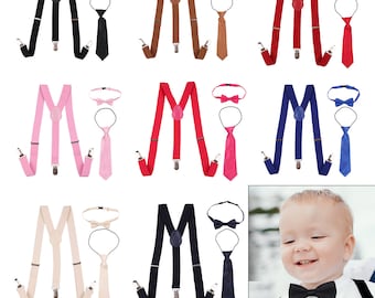 Child Kids Clip-on Bow Tie + Necktie + Suspenders Elastic Y-Shape Adjustable with Clips and Bow Tie Set For 12-16 Years Boys Kids and Girls