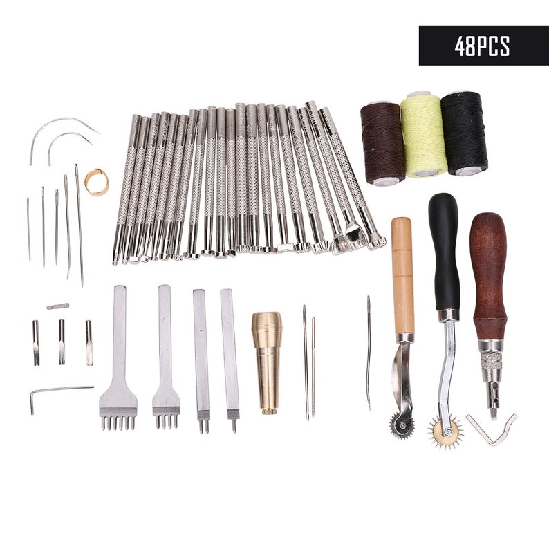 Leather Craft Hand Tool Kit, Leather Sewing Tools, Sewing Stitching Carving Work Saddle, Leather Hand Stitching Kit for Sewing Kit For Men 48pcs