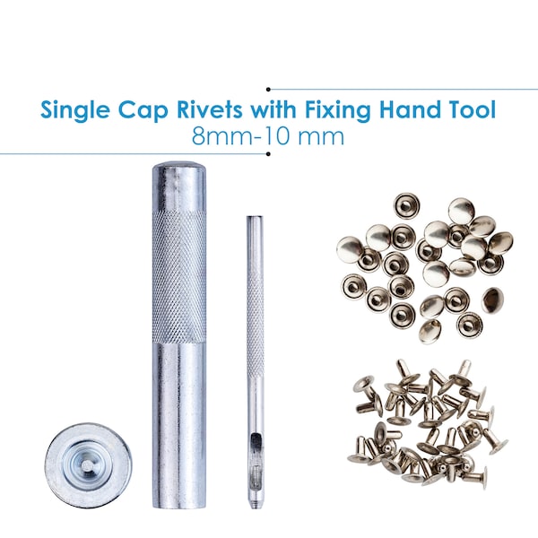 8mm-10mm Silver Single Cap Rivet With Fixing Hand Tool For Art & Craft Project, Clothing Repair, Leather Crafts, Purse, Shoes, Bags, 100pcs