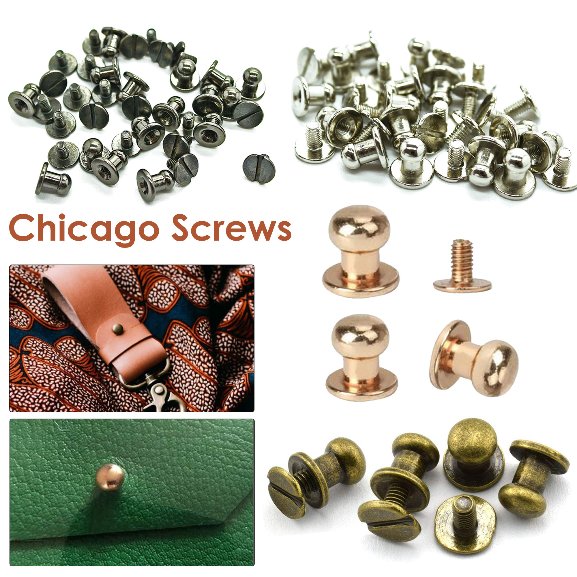 YORANYO 100 Sets Bronze Round Flat Head Chicago Screws for Leather Chicago  Rivets Kit Button Studs Leather Rivets Chicago Screw for Leather Crafting