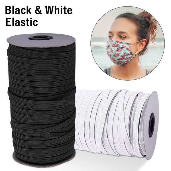 Cordon élastique plat de 5 mm | Bande élastique | Boucle d'oreille blanche et noire pour masque facial | Cordon extensible