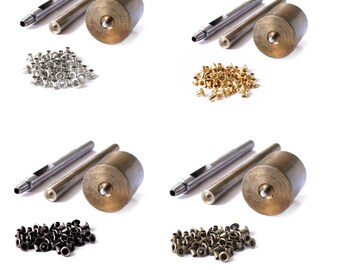 Set di 3: Set di fustelle, perforatore con foro cavo e 100x di occhielli da 3mm - Kit di attrezzi per gommino di protezione per Leathercraft