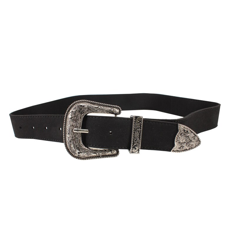 35mm Wide Western Belt Black PU Suede Strap Carved Metal Etsy
