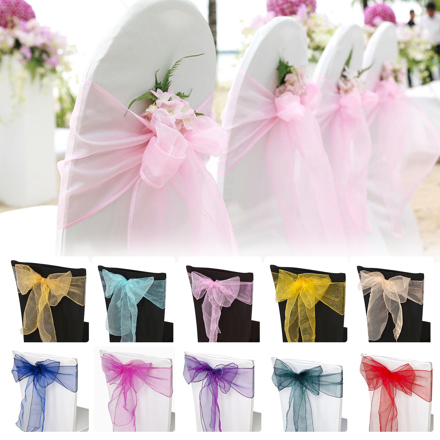 Organza Sashes Chair Cover Bows Sash Wider Sash Fuller Bows Roll 40cm x 9m For Wedding Décor Party Birthday Decoration White 
