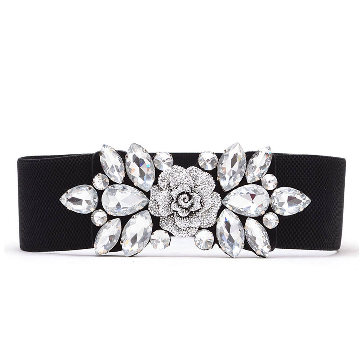 Black Stretchable Waist Belt for Women With Floral Rhinestone - Etsy UK