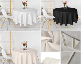 130GSM Round Table Cloth Round Black/White/Ivory Washable Polyester Fabric Table Cover for Home Dining, Weddings, Banquets, Restaurant Decor