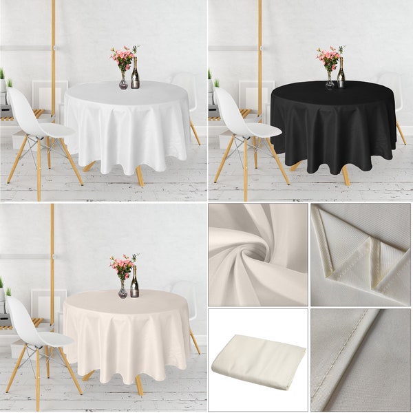 130GSM Round Table Cloth Round Black/White/Ivory Washable Polyester Fabric Table Cover for Home Dining, Weddings, Banquets, Restaurant Decor