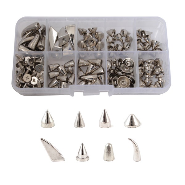 85pcs Bullet Cone Punk Spikes Studs for Leathercraft, Belt, Bag, Cap, Jackets, Shoes, DIY Project, Clothing Decoration, Silver