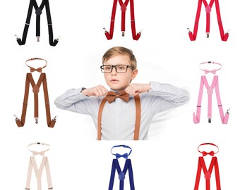 Satin Polyester Bow Tie + Matched Adjustable Elastic Y Shape Suspender Braces  Clothing Accessory for Boys