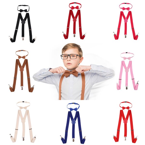 Satin Polyester Bow Tie + Matched Adjustable Elastic Y Shape Suspender Braces  Clothing Accessory for Boys