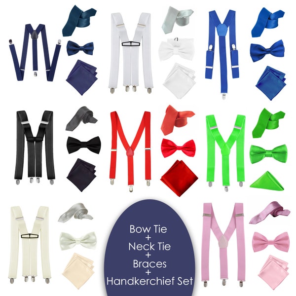 Satin Polyester Herren Hosenträger, Bowtie, Krawatte & Taschentuch Set für Casual Formal Wear, Hochzeiten, Prom, Feier, Partys, Versammlunge