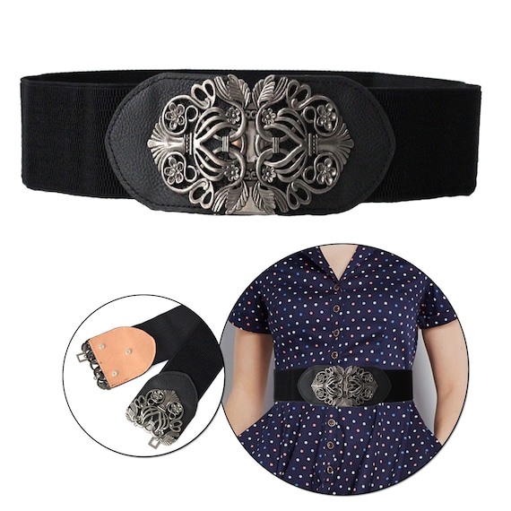 Classy Women Wide Vintage Silver Metal Elastic Stretch Belt Waist Faux Leather