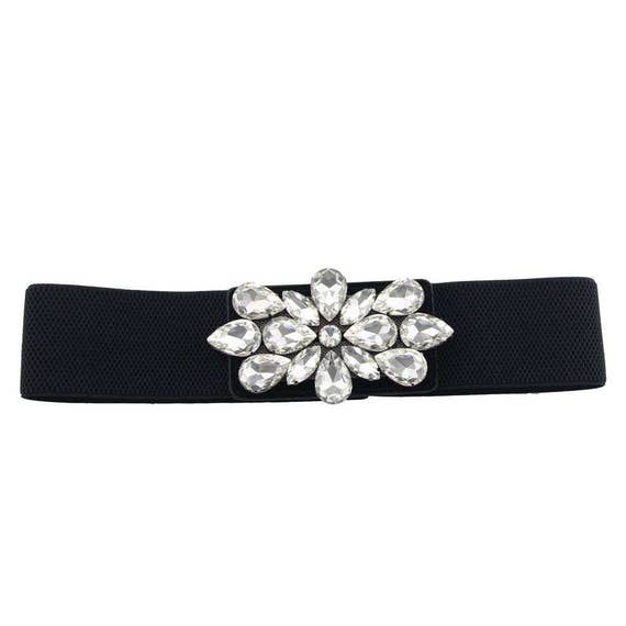 Schwarz Damen Gürtel Elastisch Dehnbar Strass Gold Schnalle Party 483