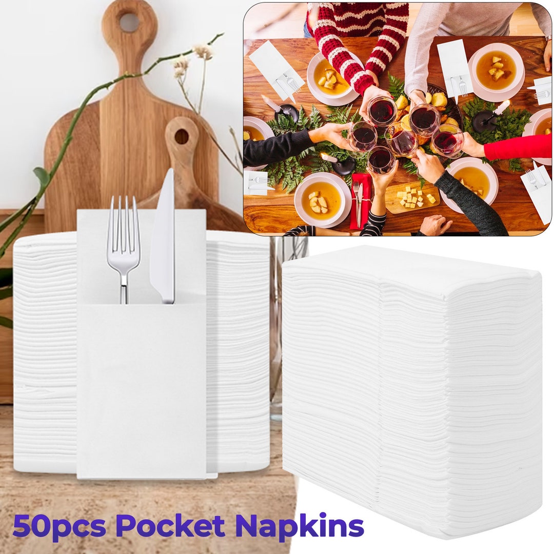 White Disposable Napkins Linen Feel Cloth With Builtin Flatware Pocket Prefolded Paper Hand