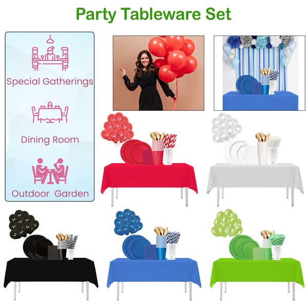 256pcs Party Tableware Set Paper Plates Cups Napkins Straws Dinner Cutlery Table Cover Balloons for Wedding Birthday Party Picnic