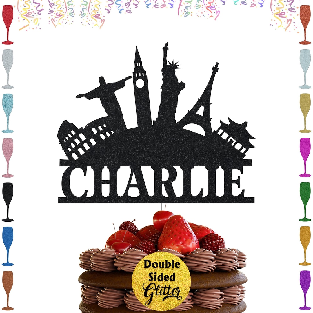 Personalised Travel Cake Topper, Custom Glitter Tourism Cake Topper