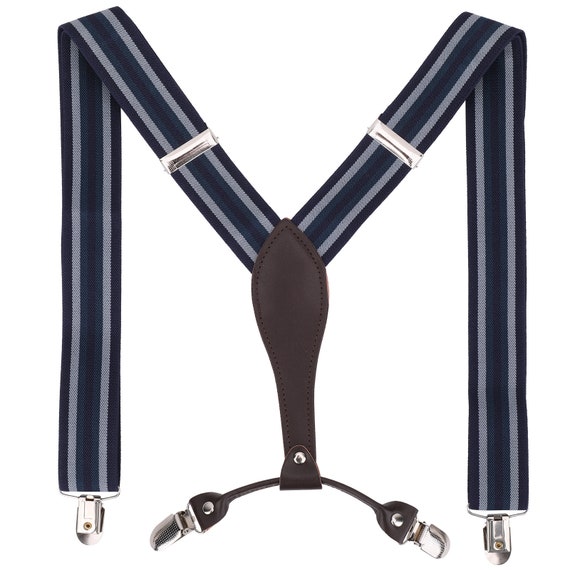 35mm Mens Braces Navy Stripe Classic Clip on Suspenders Elastic Trousers Jeans 