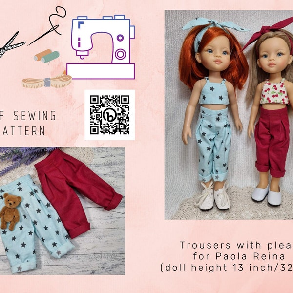 Summer trousers with pleats for Paola Reina PDF sewing pattern for doll height 32cm/13in Instant Download pattern clothes Easy for beginners