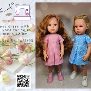 May include: PDF sewing pattern for an easy dress with a yoke for a 42 cm doll. The pattern is shown with two dolls wearing the dress, one in pink polka dots and one in blue polka dots. Easy dress with a yoke for doll Llorens 42 cm PDF Sewing Pattern