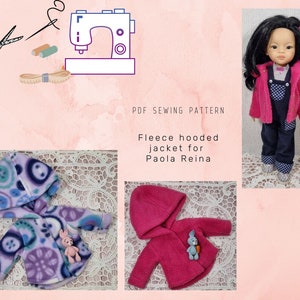 May include: PDF sewing pattern for a fleece hooded jacket for Paola Reina dolls. The pattern includes two different jacket designs, one with a colorful print and one in solid pink.
