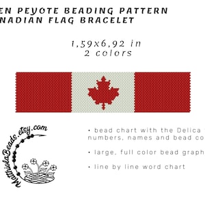Canadian flag bracelet Even Peyote PDF beading pattern - bead chart with the Delica numbers, full color bead graph , line by line word chart