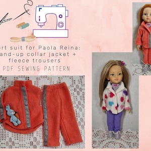 May include: A PDF sewing pattern for a sport suit for Paola Reina dolls. The pattern includes a stand-up collar jacket and fleece trousers. The image shows two dolls wearing the finished suit in orange and white.
