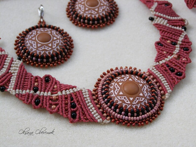 Red Pear Mandala jewelry set Macrame necklace macrame bracelet and beadwork earrings Ethno necklace